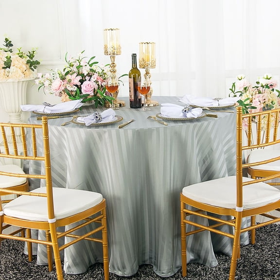 Wedding Linens Inc. 120" Striped Round Jacquard Polyester Tablecloths - Silver