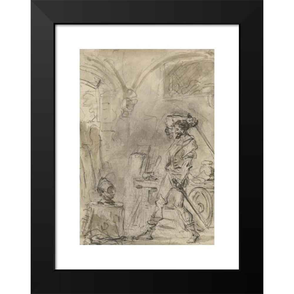 Jean-Honoré Fragonard 11x14 Black Modern Framed Museum Art Print Titled - Don Quixote About to Strike the Helmet (1780s)