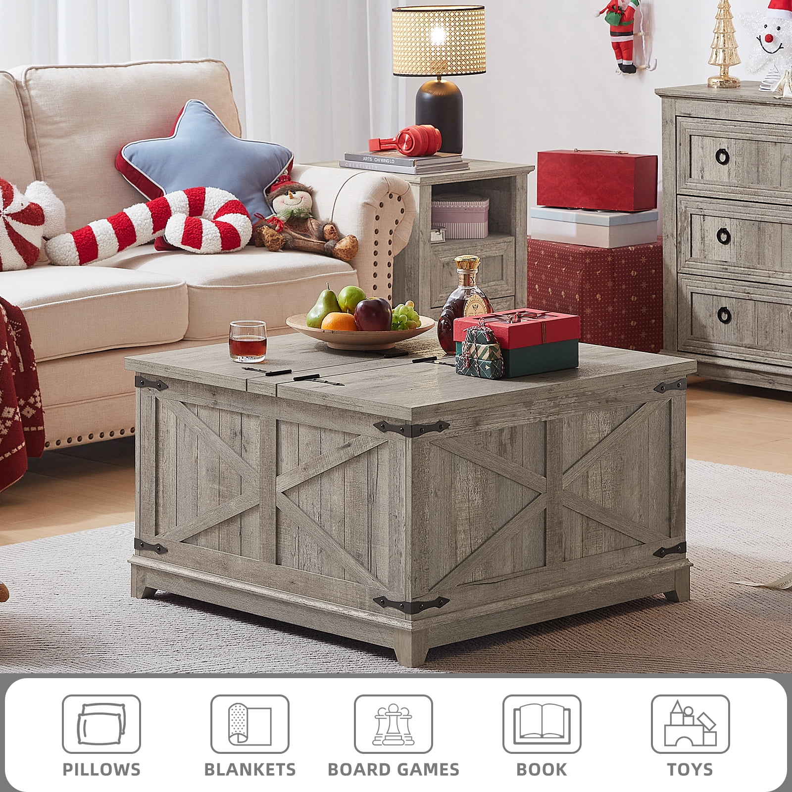 31.5" Large Farmhouse Lift Top Coffee Table, Square Living Room Table with Large Hidden Storage, Multi-Function Lift Wooden Barn Door Center Table, Grey Oak