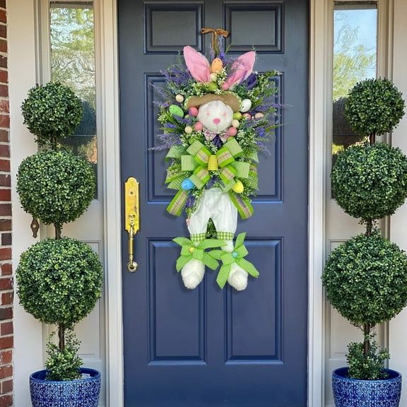 Easter Door Wreath, Bunny Wreath for Spring Front Door Decor, Rabbit Decor Bunny Garland with Ribbons for Farmhouse Home Wall