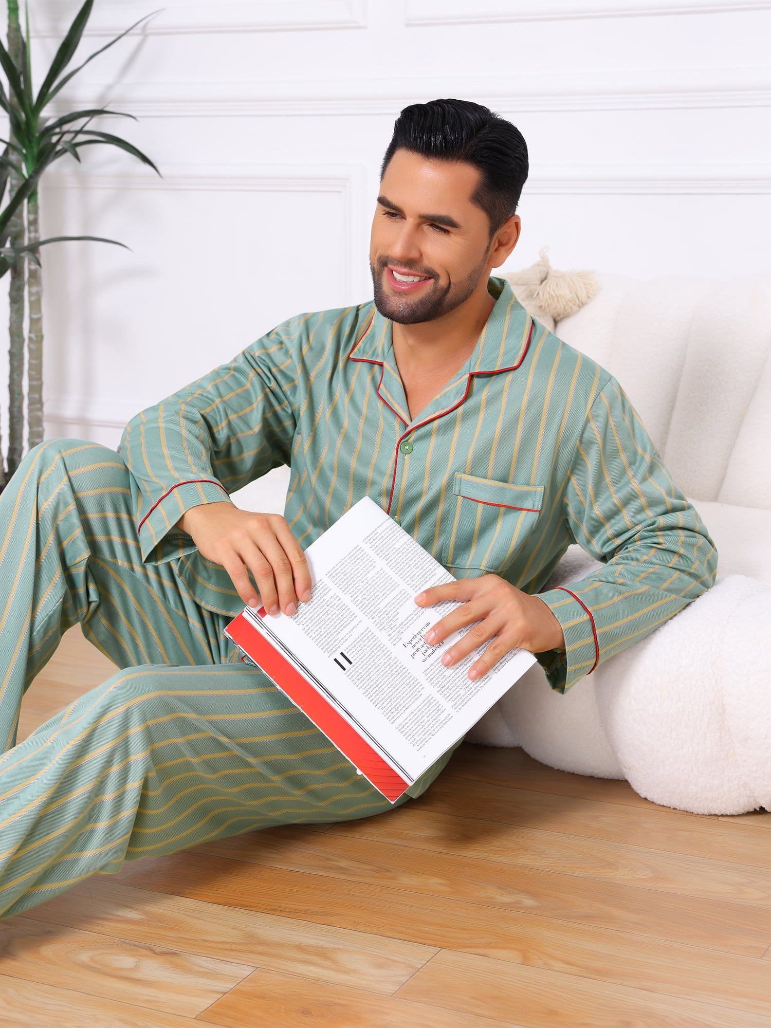 DARING DIVA Men's 2-Piece Long Sleeve Button Down Pocket Pajamas Set S Light Green