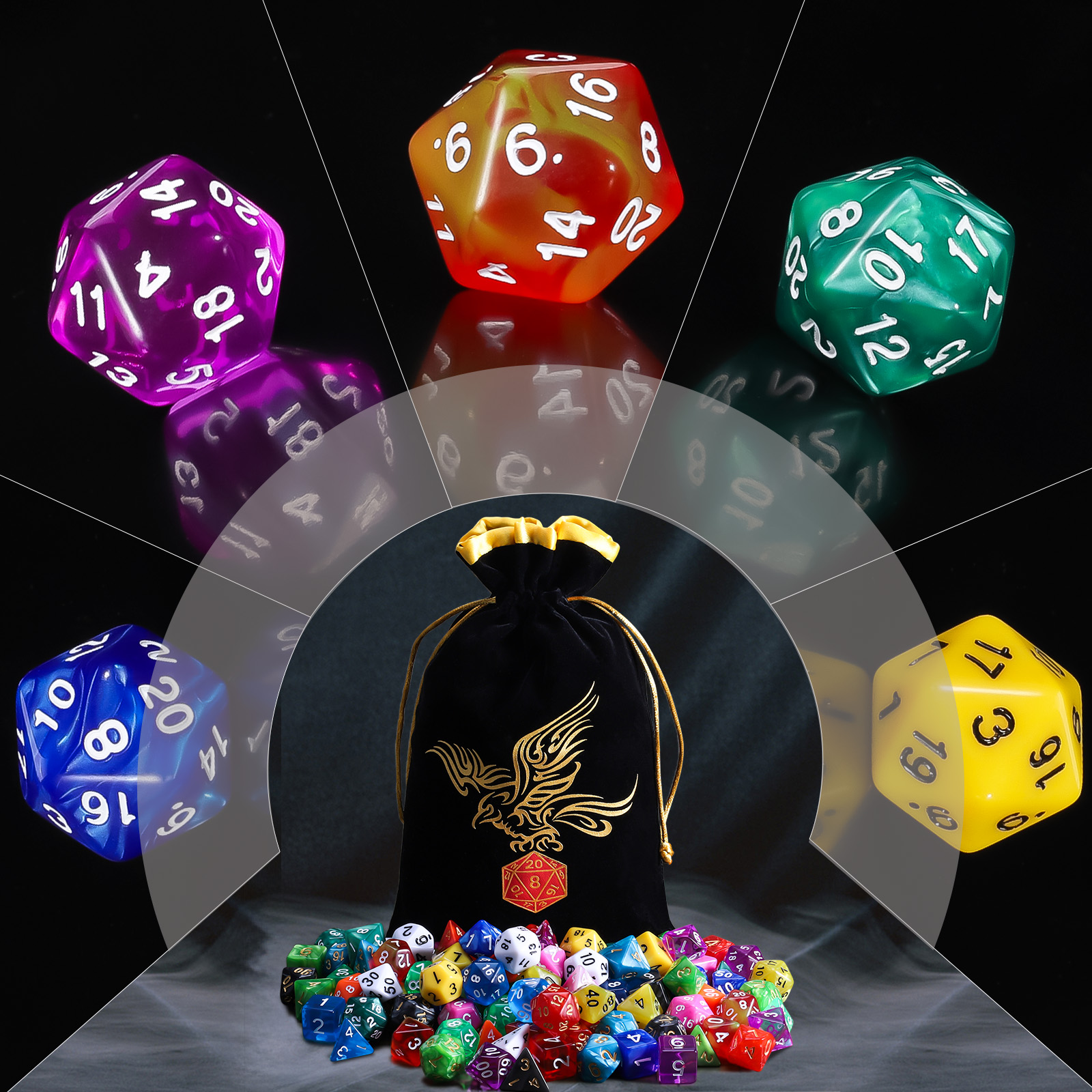 CiaraQ DND Dice Set 15 X 7 Polyhedral Dice (105pcs) with 1 Large Flannel Bag,for Dungeons and Dragons RPG MTG Table Games