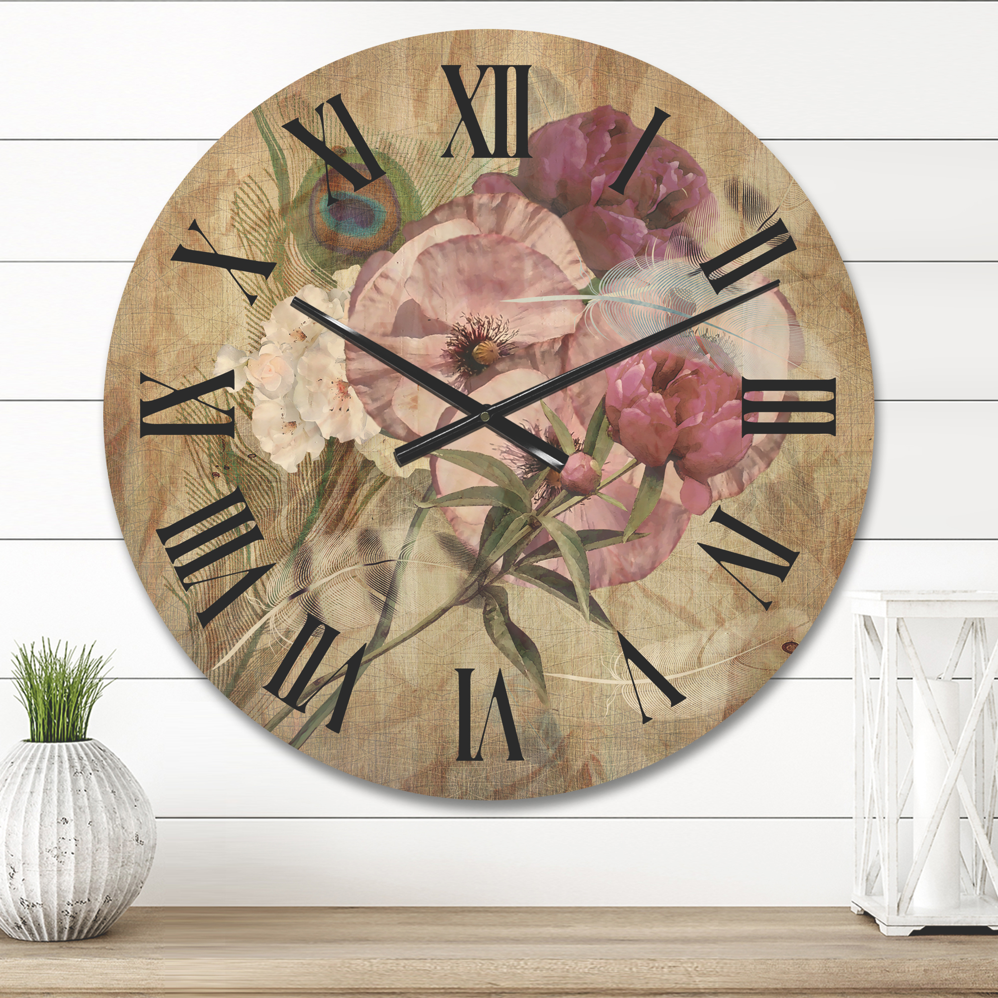 Designart 'Iris Bouquet Floral Design With Peacock Feather' Traditional Wood Wall Clock