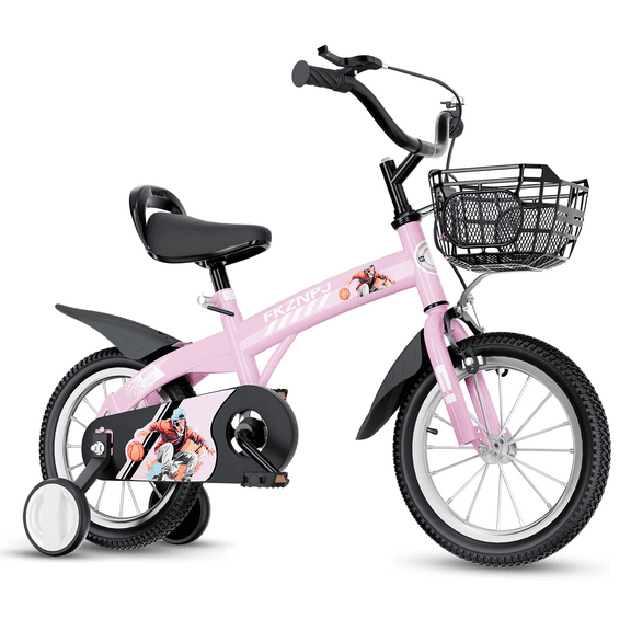 16 Inch Kids Boys Girls Bike for 4-8 Years Old, Kids Bicycle Adjustable Seat with Basket, Training Wheels & Handbrake for Birthday Christmas Gift, Pink