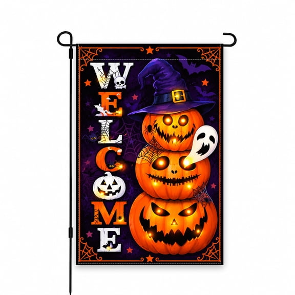 Halloween Garden Flag 12x18 Inch - Pumpkin, Ghost, Witch Hat Design - Perfect Outdoor Decor for Yard, Lawn, Patio, Porch - Spooky Welcome Theme