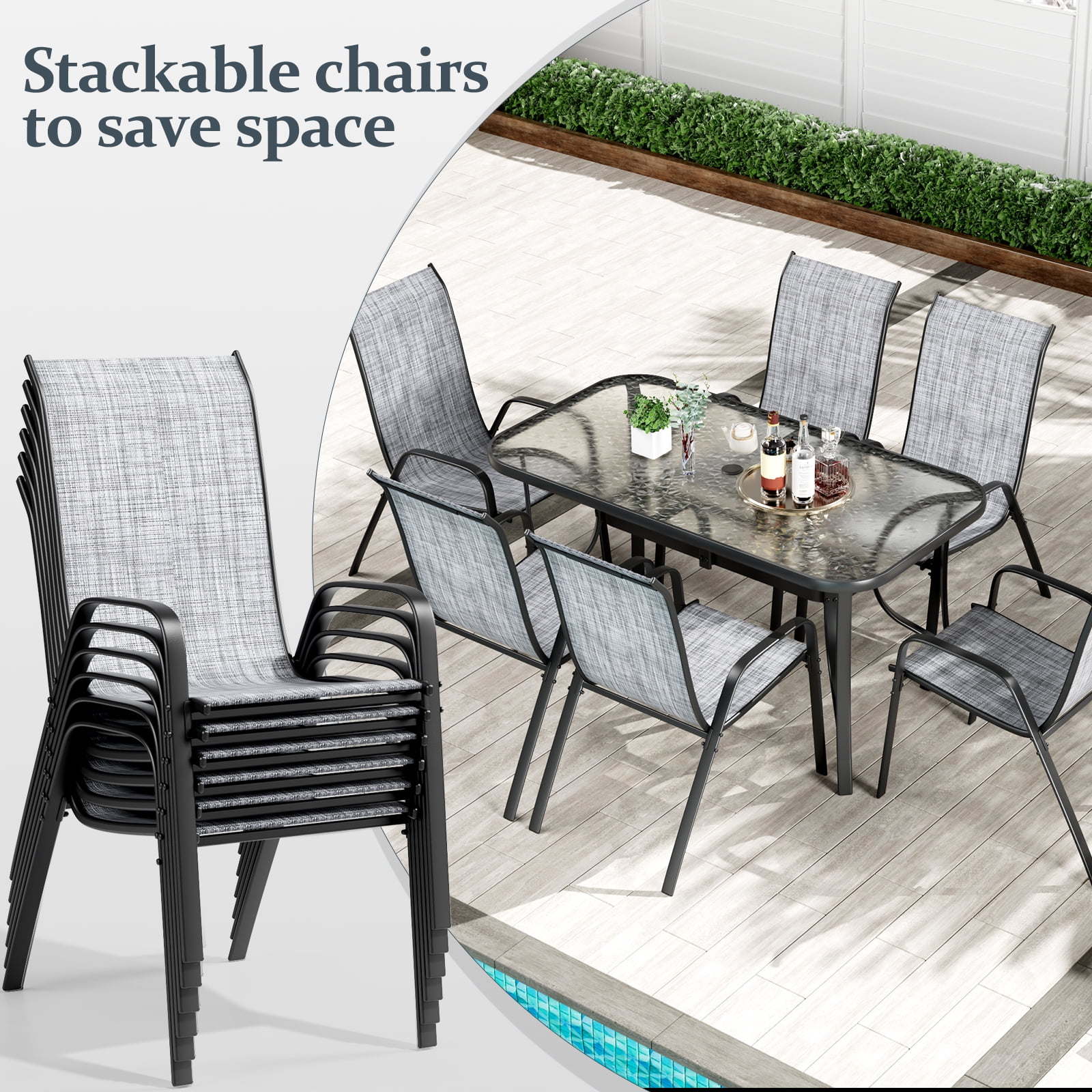 Pirecart Patio Dining Set of 7, Textilene Patio Furniture Set Suitable for All Weather with Umbrella Hole, for Backyard Poolside, Gray