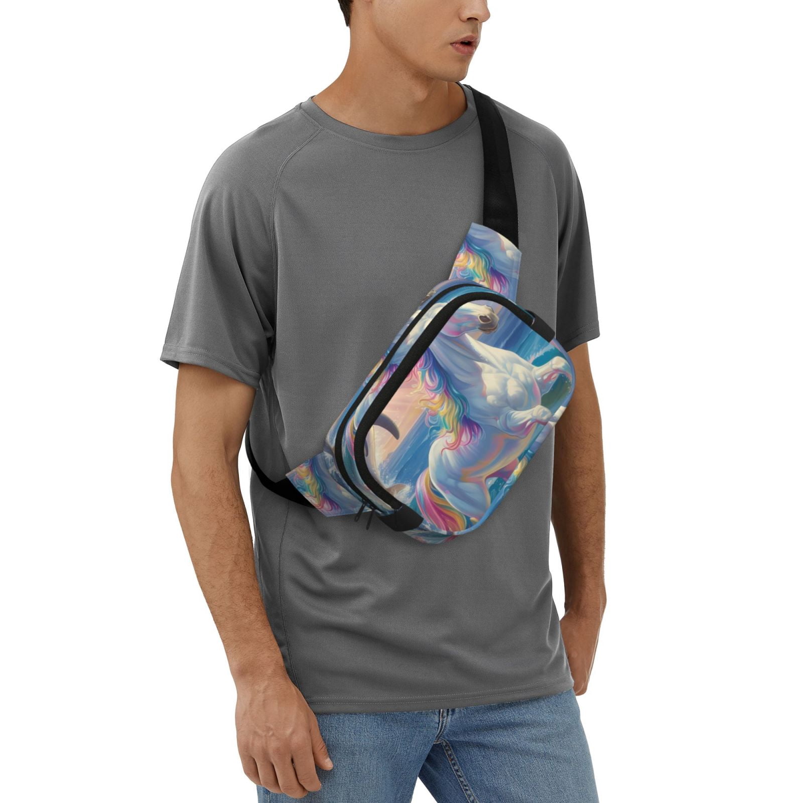 Picia Dolphin Rainbow Horse Print Square Double-Layer Waist Bag Mini Adjustable Waist Belt Bag Exercise Running Travel Hiking