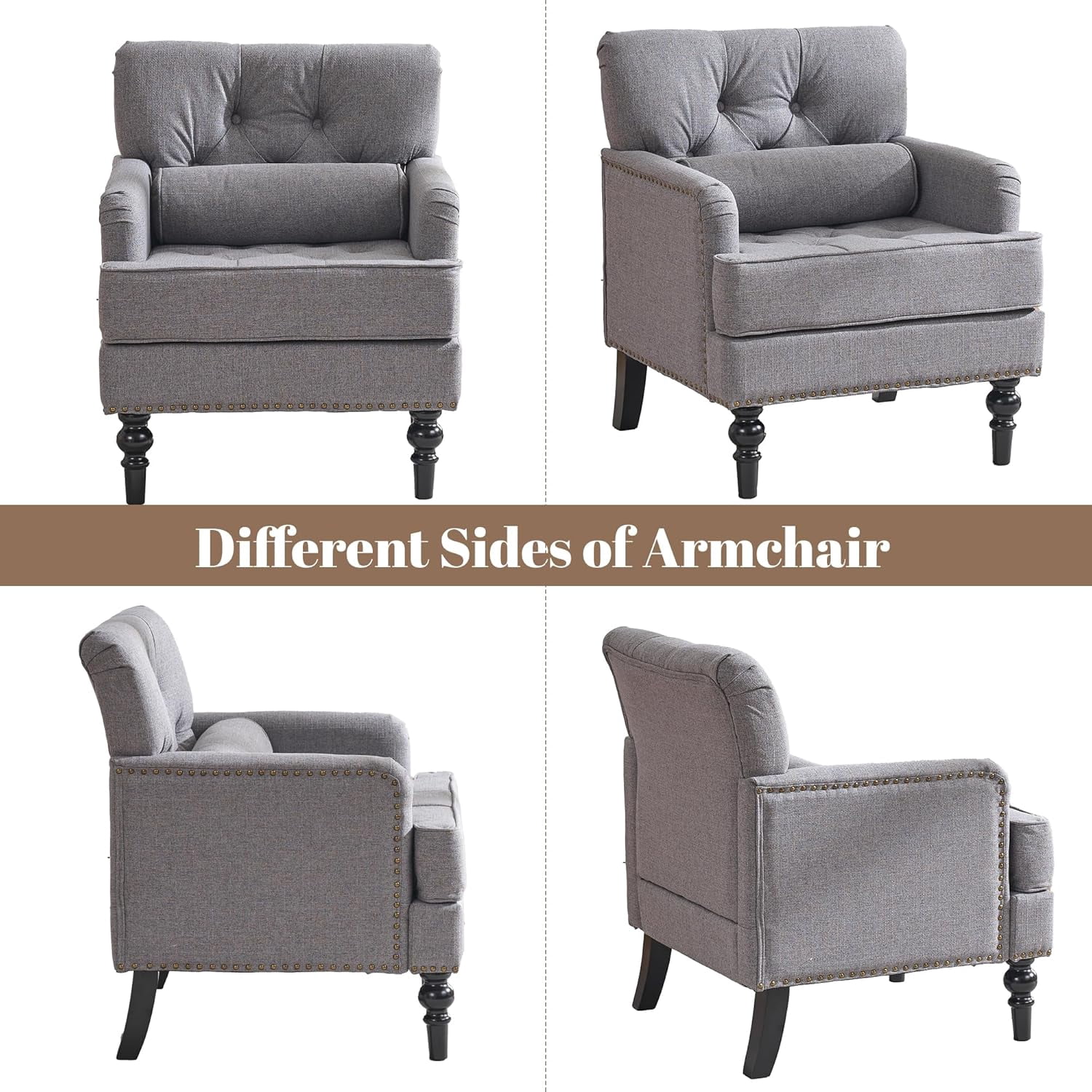 MOONMISS 26.4" Wide Accent Chair,tufted Club Chair With Linen Fabric,upholstered Button Armchair For Bedroom, Living Room,Gray