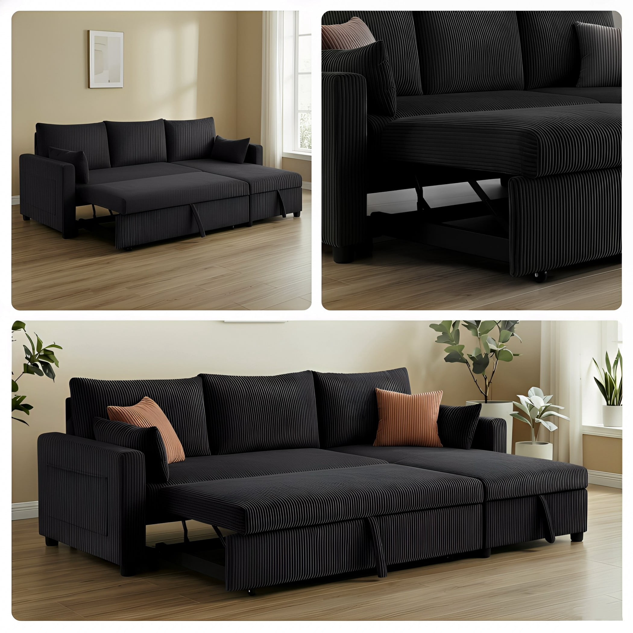 BSHTI L-Shaped Pull-Out Sleeper Sofa Bed with Storage Chaise, 3-Seater Convertible Corduroy Sectional Couch, Solid Wood & Iron Frame, Black