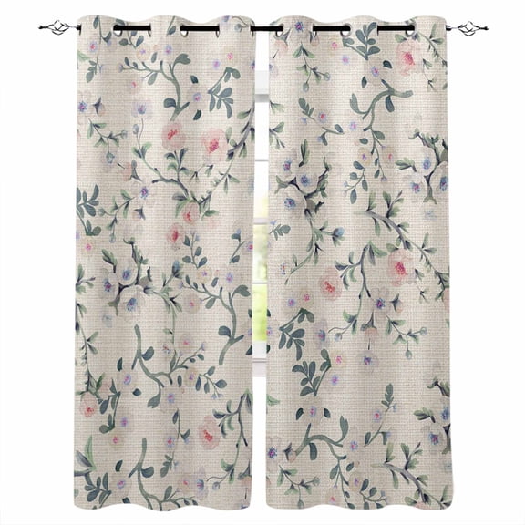 Spring Flowers Blackout Curtains 45 Inches Long, Kitchen Black Out Window Treatments, Blue Pink Floral Leaves Farmhouse Vintage Plants Thermal Lined Drapes for Small Window with Grommet 42"x45"
