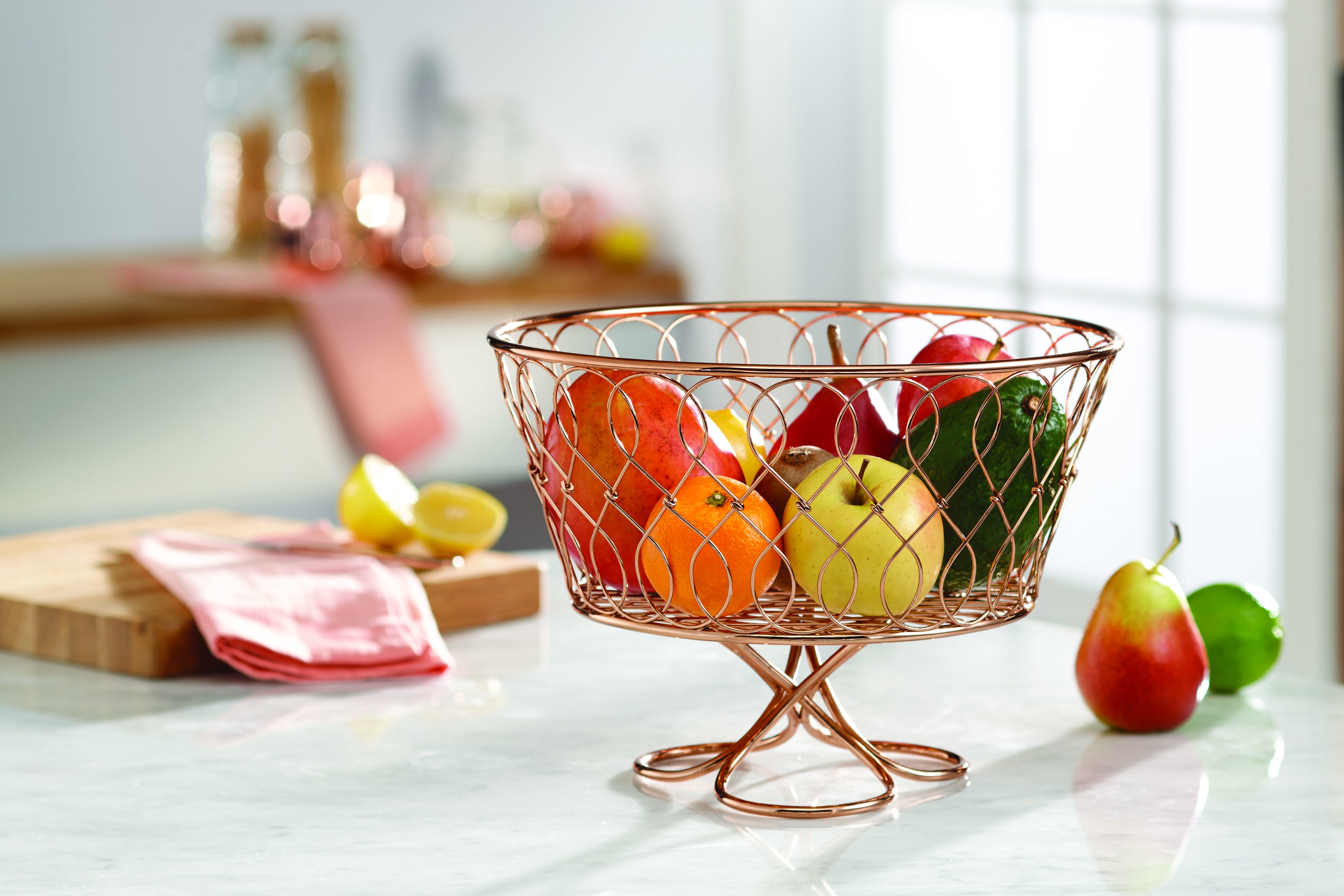 Inspired Living FRUIT BOWL ; Centerpiece Bowl in Rose Gold. Loop Twist