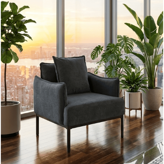 BSHTI 32.48" Modern Accent Chair with Curved Armrest, Upholstered Living Room Chair with Pillow, Solid Wood Frame & Metal Base, Non-Slip, Easy Assembly, Dark Grey