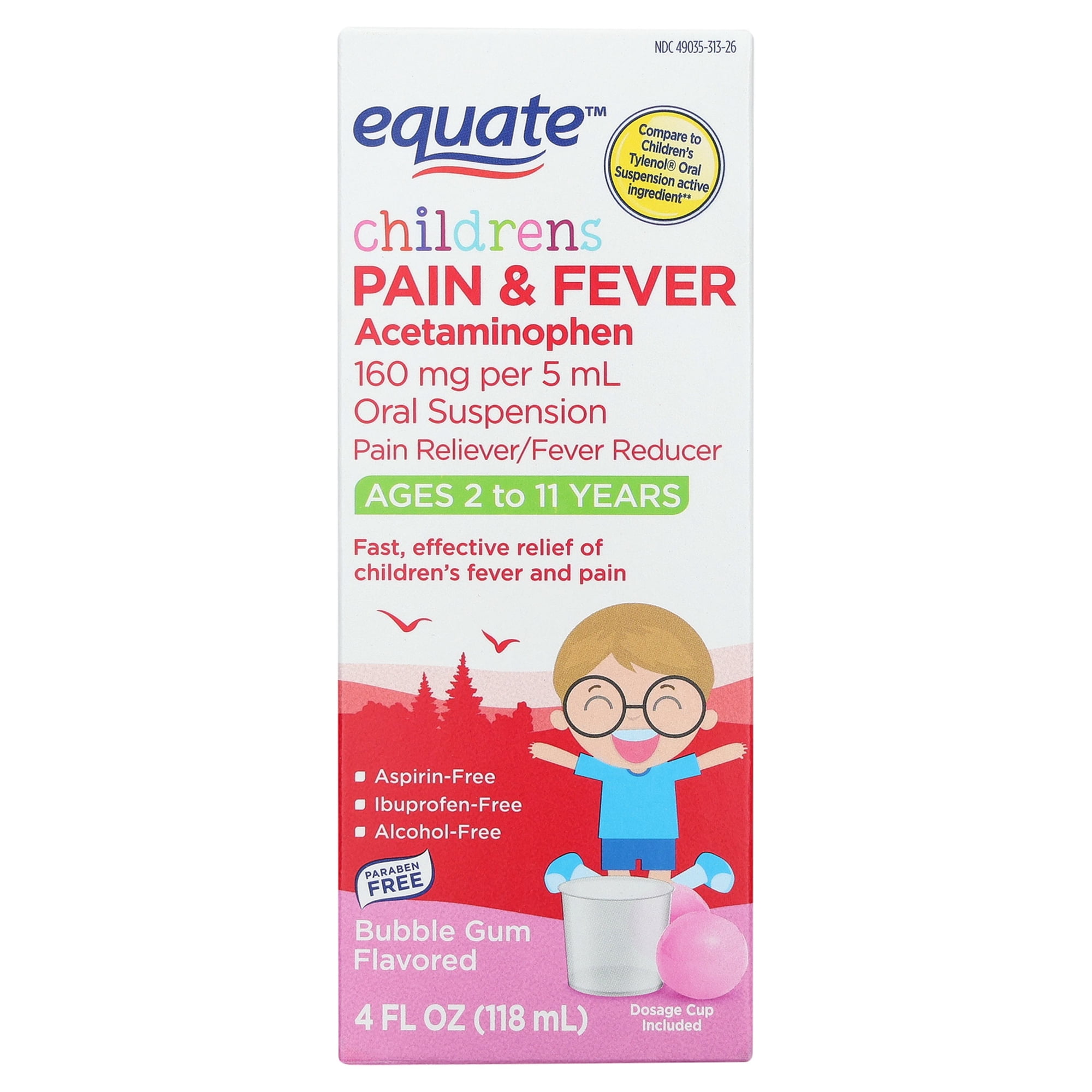 Equate Children's Pain Reliever/Fever Reducer Acetaminophen Oral Suspension, Bubble Gum Flavor, 160 mg, 4 fl oz