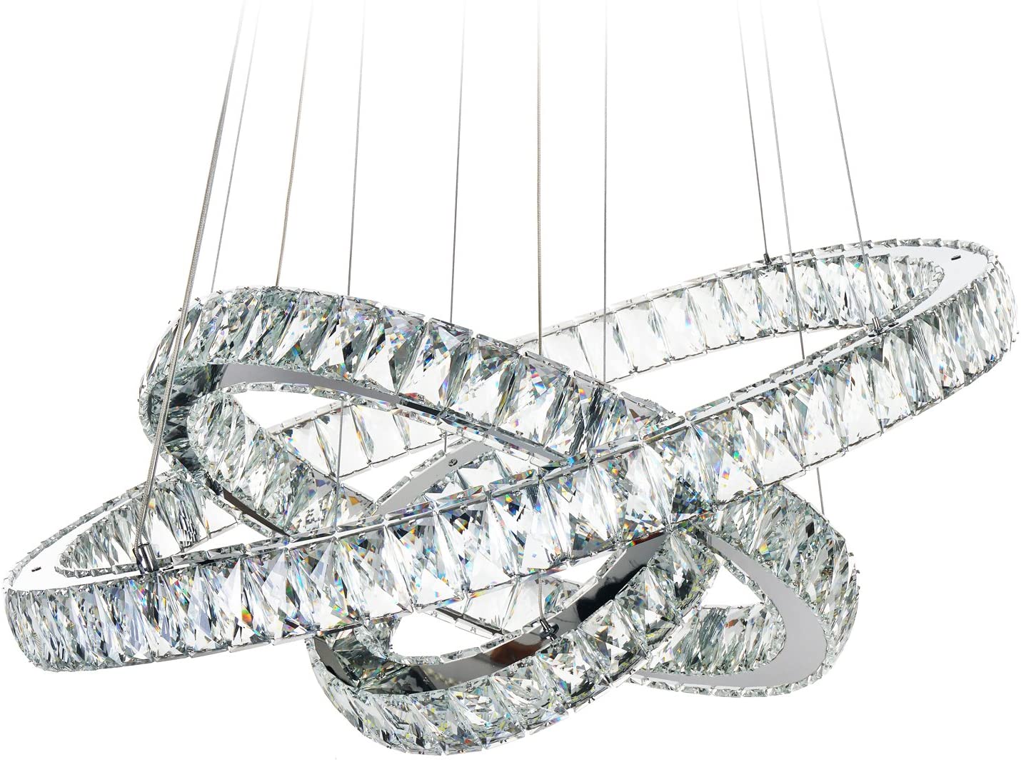 MEEROSEE Modern Crystal Chandelier Lighting Ceiling Light Fixture LED Contemporary Adjustable Stainless Steel 3 Rings Chandeliers Lights D27.56+19.69"+11.81" (Big Crystal) 27.56" - image 1 of 5
