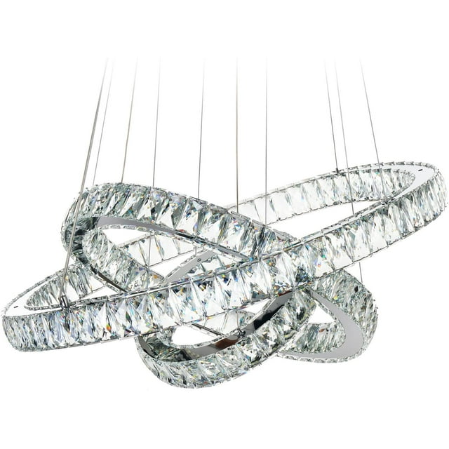 MEEROSEE Modern Crystal Chandelier Lighting Ceiling Light Fixture LED Contemporary Adjustable Stainless Steel 3 Rings Chandeliers Lights D27.56+19.69"+11.81" (Big Crystal) 27.56"