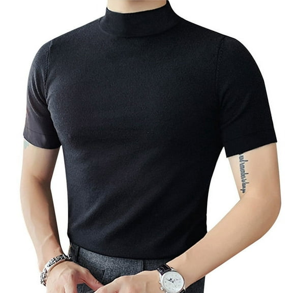 INCERUN Mens Fashion Short Sleeve High Neck T-Shirts Solid Color Casual Fitness Tops Blouse