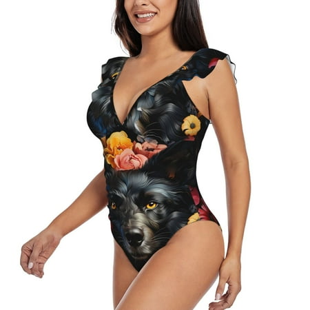 KLL Colorful Floral Black Dog for Women s Ruffled One Piece Swimsuit Tummy Control Bathing Suit V Neck Swimwear