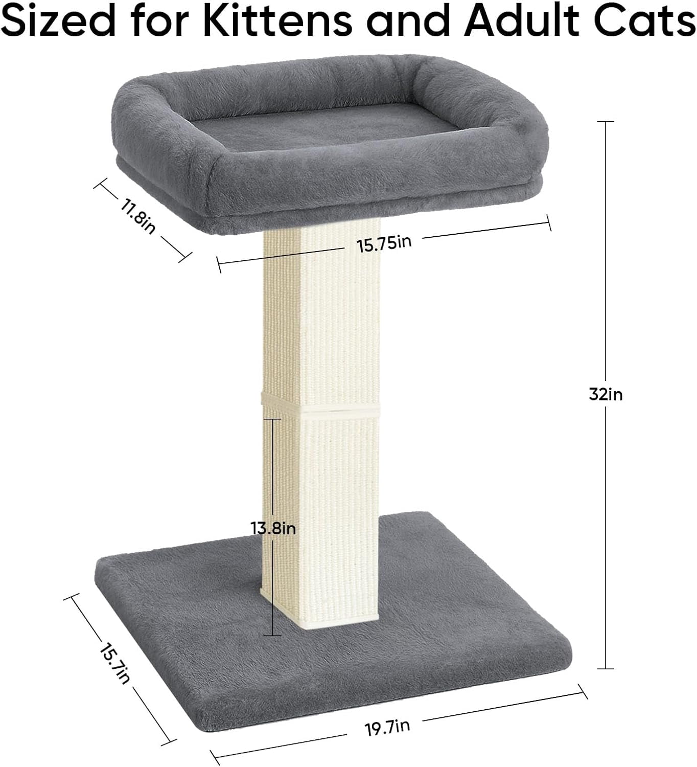 Scratching Post, 32 Inch Vertical Sisal Tower with Elevated Plush Bed & Carpet Pad for Indoor Cats,