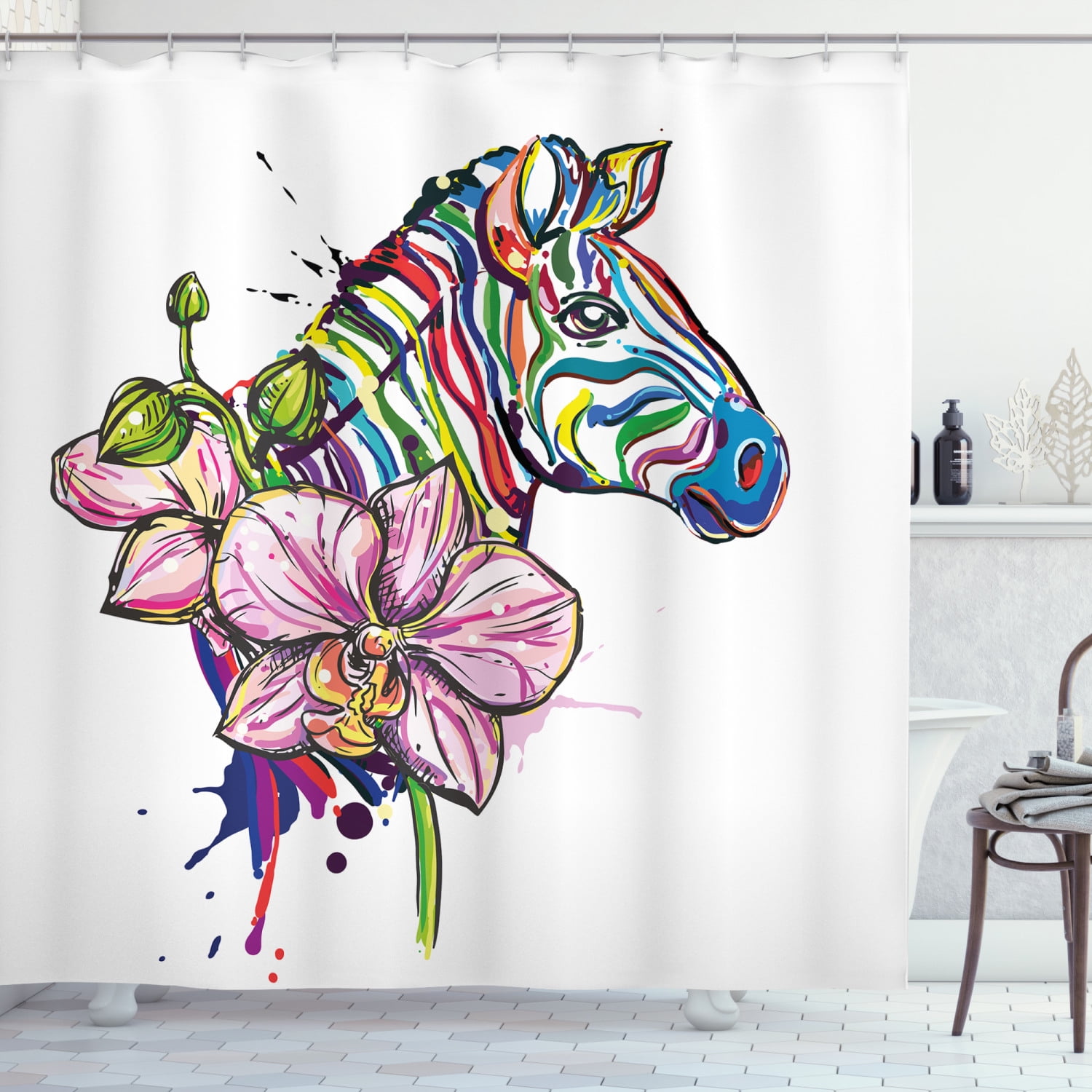Zebra Animal Abstract Print Roses Pattern Waterproof Fabric Shower Curtain Set 