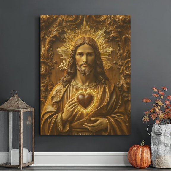 Sacred Heart of Jesus Canvas: Wood-Tone Christian Wall Art