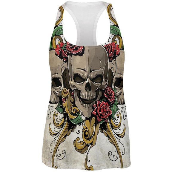 Skulls and Roses Metal Tattoo All Over Womens Work Out Tank Top - 2X-Large