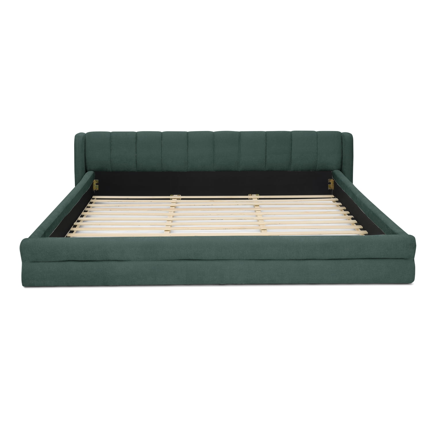 Lisonu King Size Grounded Bed Frame, Modern Upholstered Low Profile Platform, Soft Chenille Fabric with Padded Headboard, Blue & Green Finish
