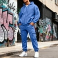 thumbnail image 2 of Men's Classic Casual Outdoor Sports Trendy Set with Fleece Solid Color Hooded Sweatshirt Jacket and Elastic Waist Cargo Joggers for Versatile Wear,Blue,2XL, 2 of 8