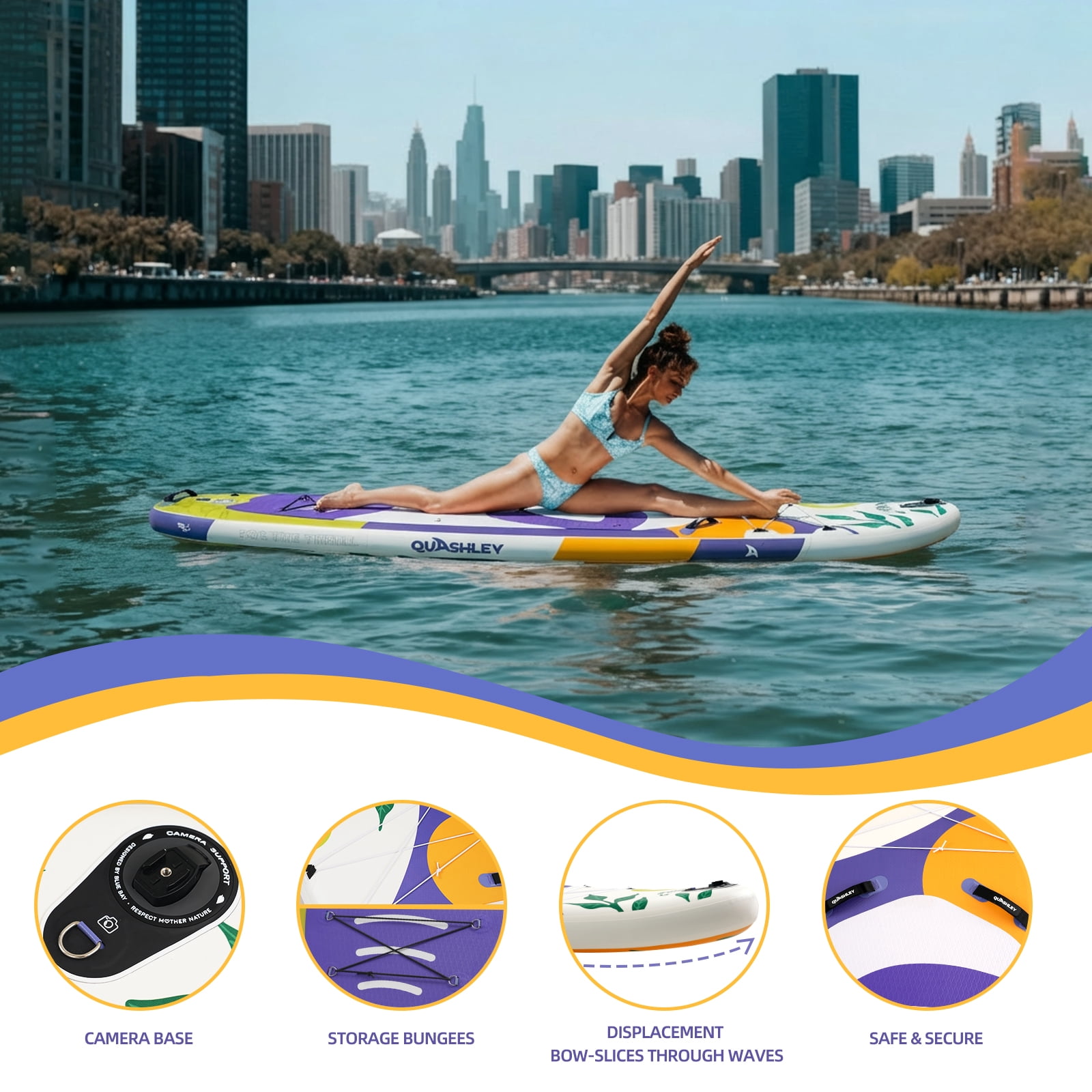 Quashley Wide Inflatable Stand up Paddle Board, 11 ft x 34 inch All-Around SUP Board with Paddle, Hand Pump, Backpack and Leash