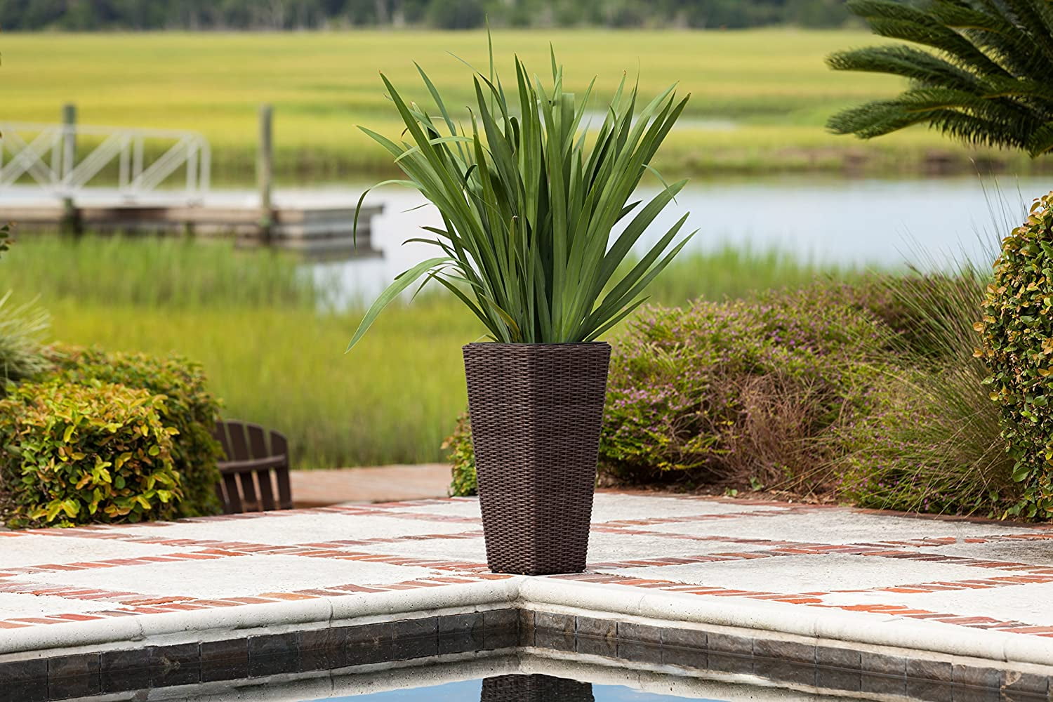 Wicker All-Weather Planter Set with Liners Tall Plant Decor Box for Outdoors Patio Herb Garden Furnishings - Mocha - Pack of 2