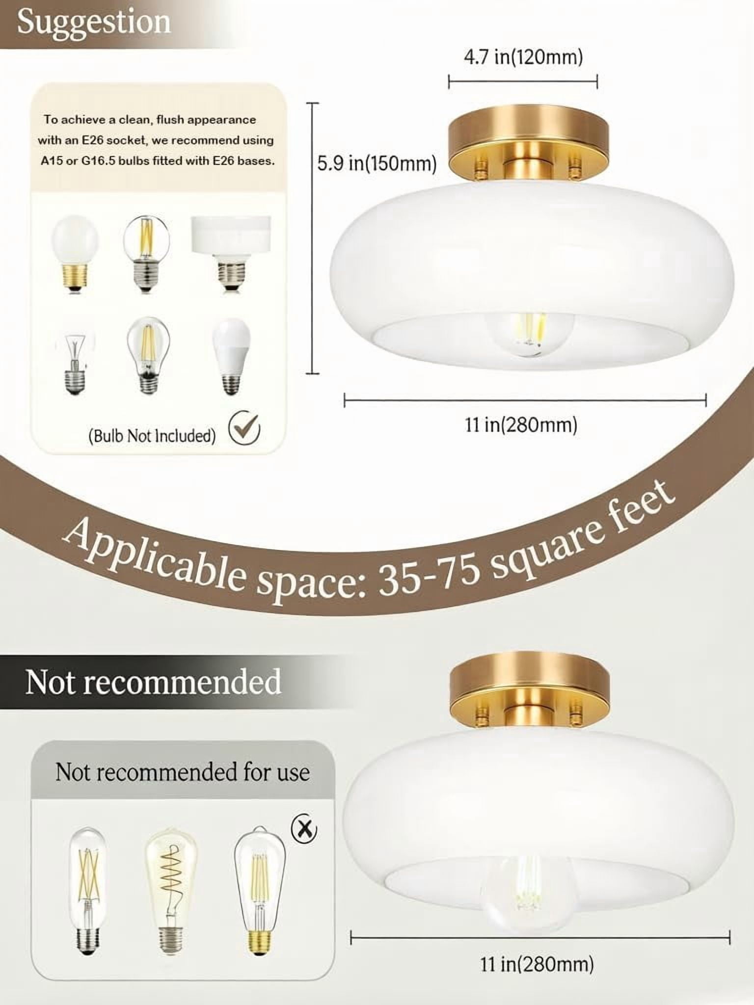 Gold Semi Flush Mount Ceiling Light,11inch Mid-Century Modern Light Fixture, Hallway Light Fixtures with White Milk Glass Shade,Vintage Lighting fixtures for entryway,Bedroom,Kitchen,Porch