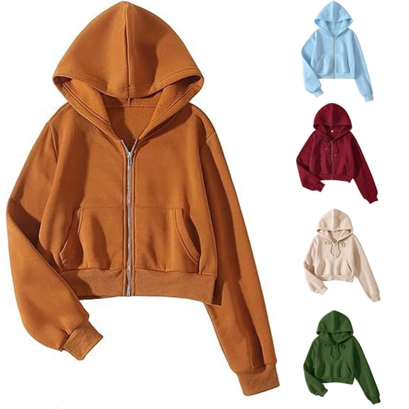 CAIVO Hoodies For Women Fashion Hoodies Sweatshirts Long Sleeve Drawstring Hoodies Crop Tops Solid Color Athletic Dailywear