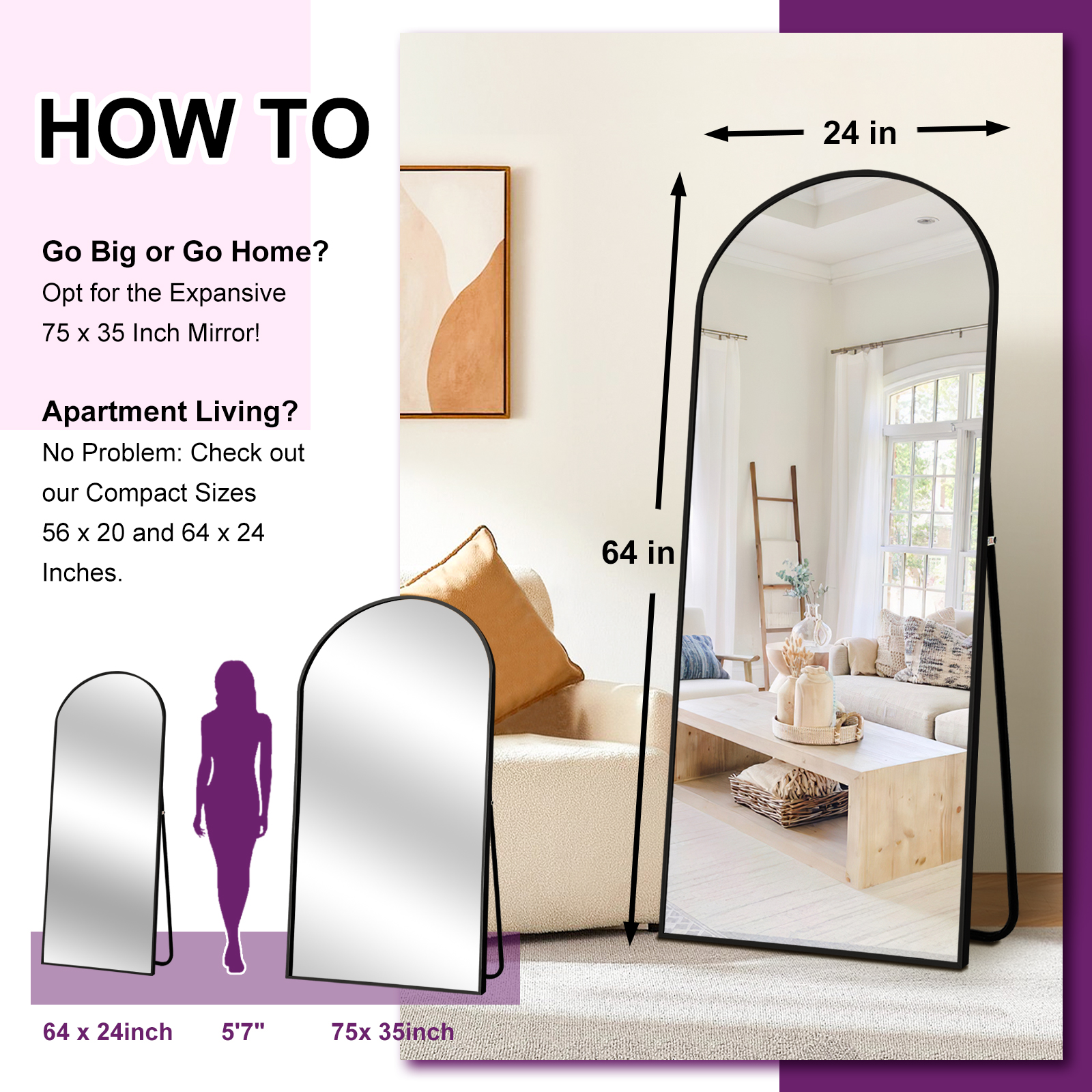 MAYEERTY 64"x 25" Metal Arched Full Length Mirror, Freestanding Body Dressing Wall Mirror, Black