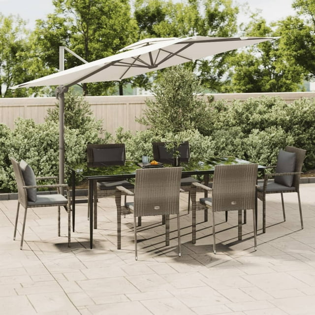vidaXL 7 Piece Garden Dining Set with Cushions Black and Grey Poly Rattan
