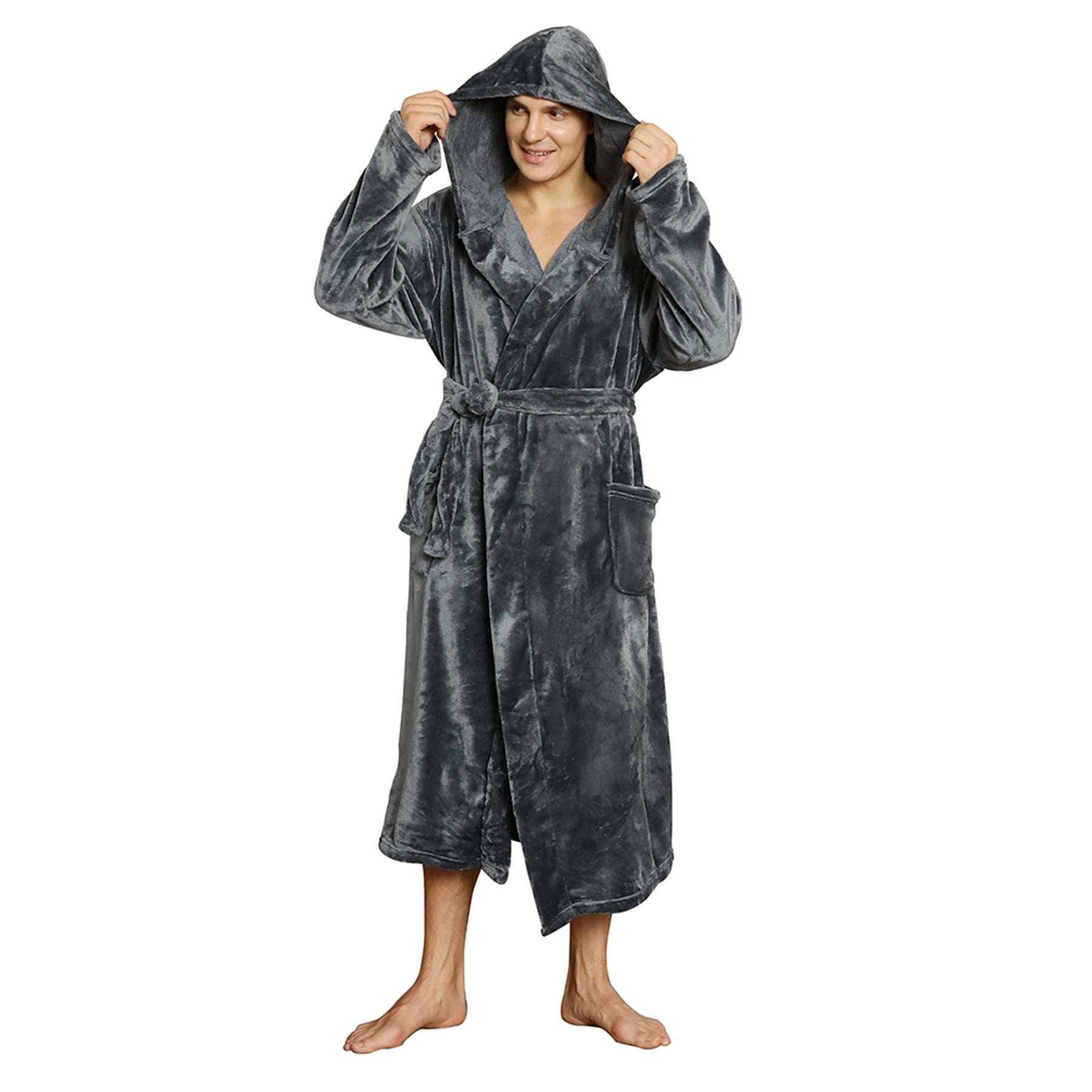 U2SKIIN Mens Hooded Robe, Plush Soft Warm Mid Length Fleece Bathrobe