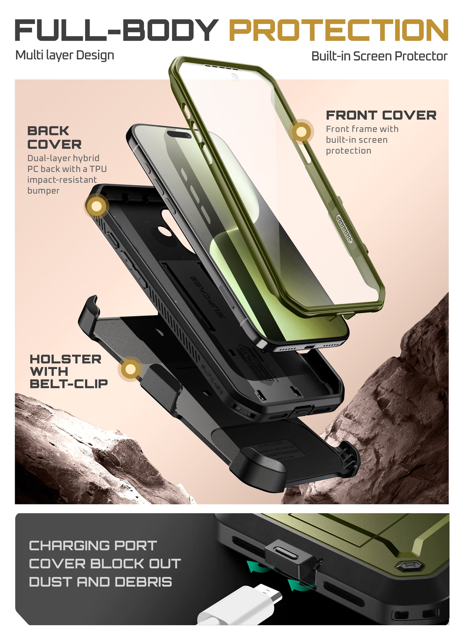 SUPCASE Unicorn Beetle Pro for Apple iPhone 17 6.3" 2025 Case, [Built-in Screen Protector &Stand &Camera Control Button &Holster] Military-Grade Protection 360 Shockproof Cover for iPhone 17, Guldan