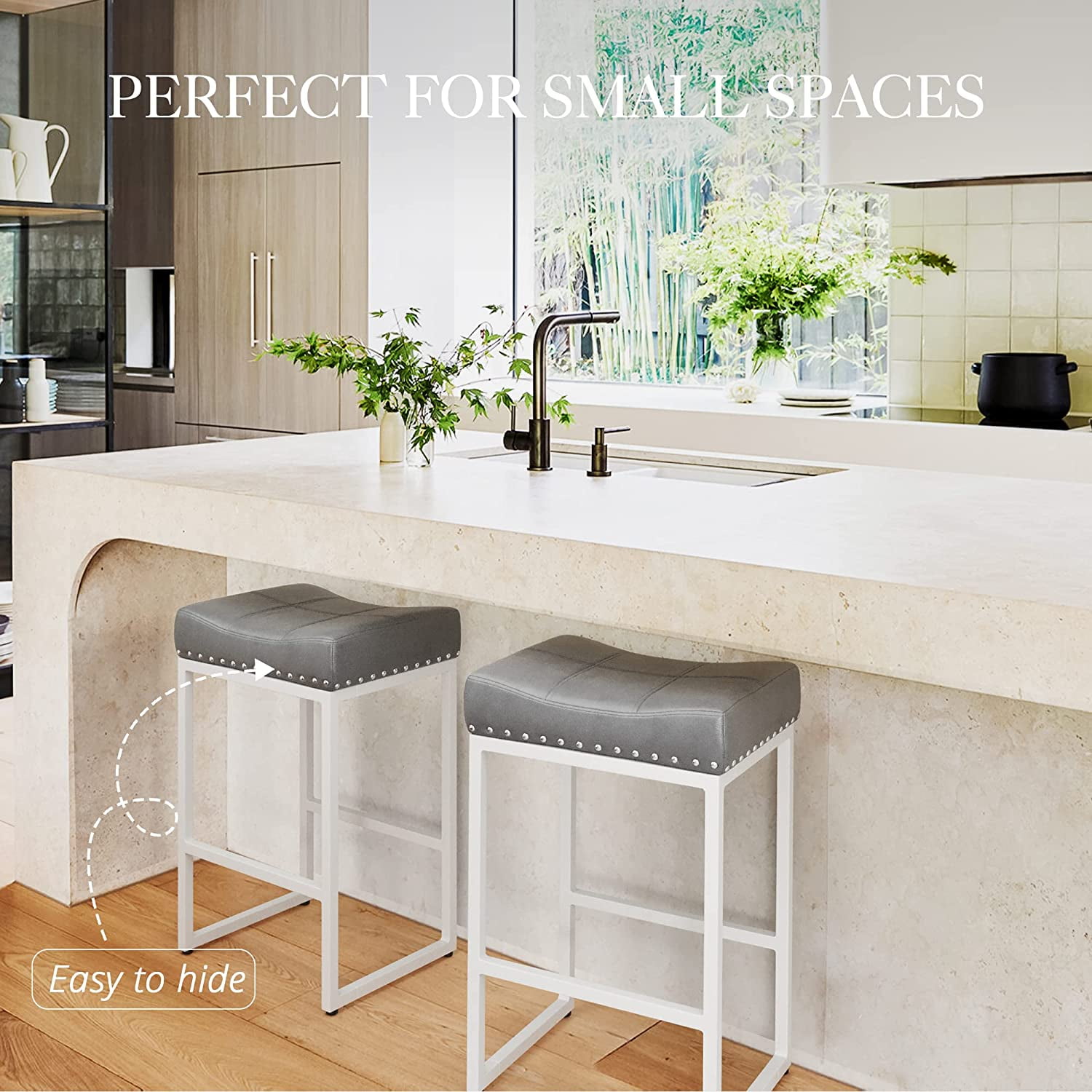 Dycanpo 24" Saddle Counter Height Bar Stools Set of 4, Modern Faux Leather, for Kitchen,Grey