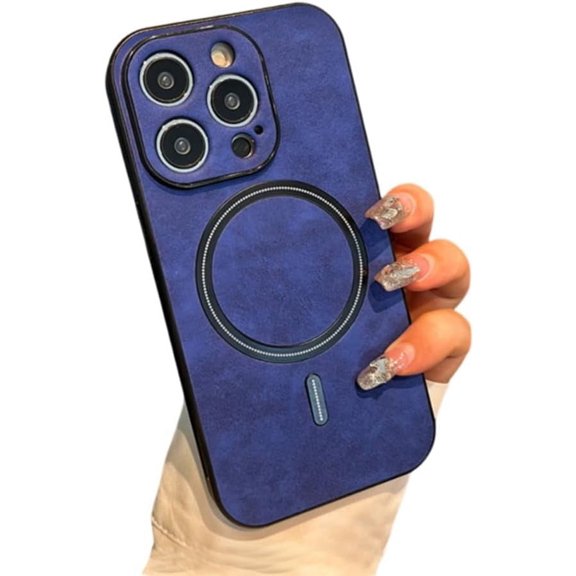 Compatible with iPhone Case,Luxury Matte PU Leather,Compatible with Magsafe & Wireless Charging,Camera Lens Protection Magnetic Shockproof Cover Phone Case (iPhone 15 Pro,Blue)