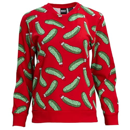 Mad Engine Rick and Morty Pickle Rick Christmas Ornaments All Over Youth Red Sweatshirt (US, Alpha, XX-Large, Regular, Regular, Red)