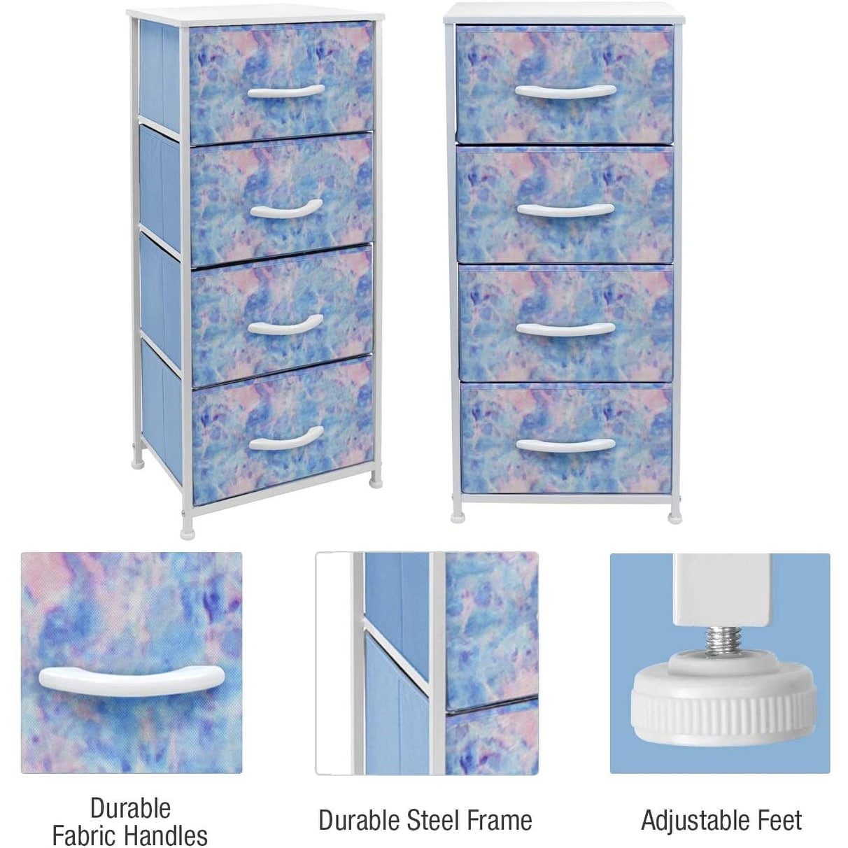 Sorbus 4 Drawer Bedside Nightstand Chest Tower Bedroom Dresser, Pastel Colors Tie-Dye Blue