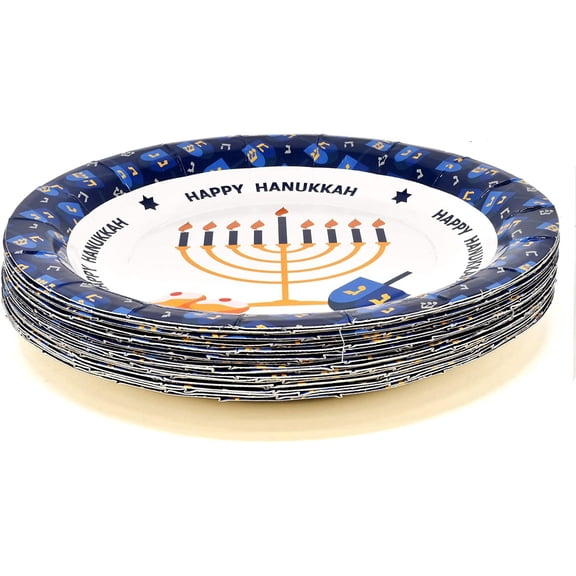 YUYAN-Hanukkah Plates & Napkins for 24 Guests includes 24 9" Dinner Plates 24 7" Dessert Plates 24 9 oz Cups & 50 Luncheon Napkins Party Paper Plate Goods Supply Decorations for Dinner Party