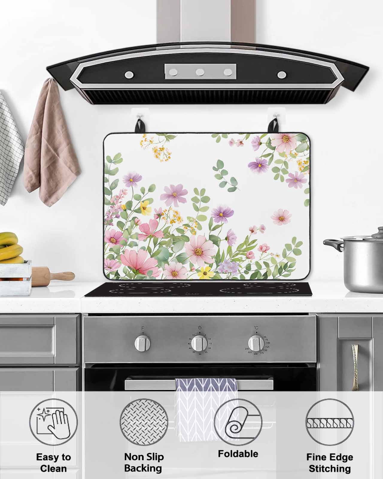 Large Induction Cooktop Protector Mat Pink Spring Floral Stove Top Covers for Electric Stove, Watercolor Botanical Wildflowers Decorative Stove Burner Cover Mats, Glass Top Stove Cover