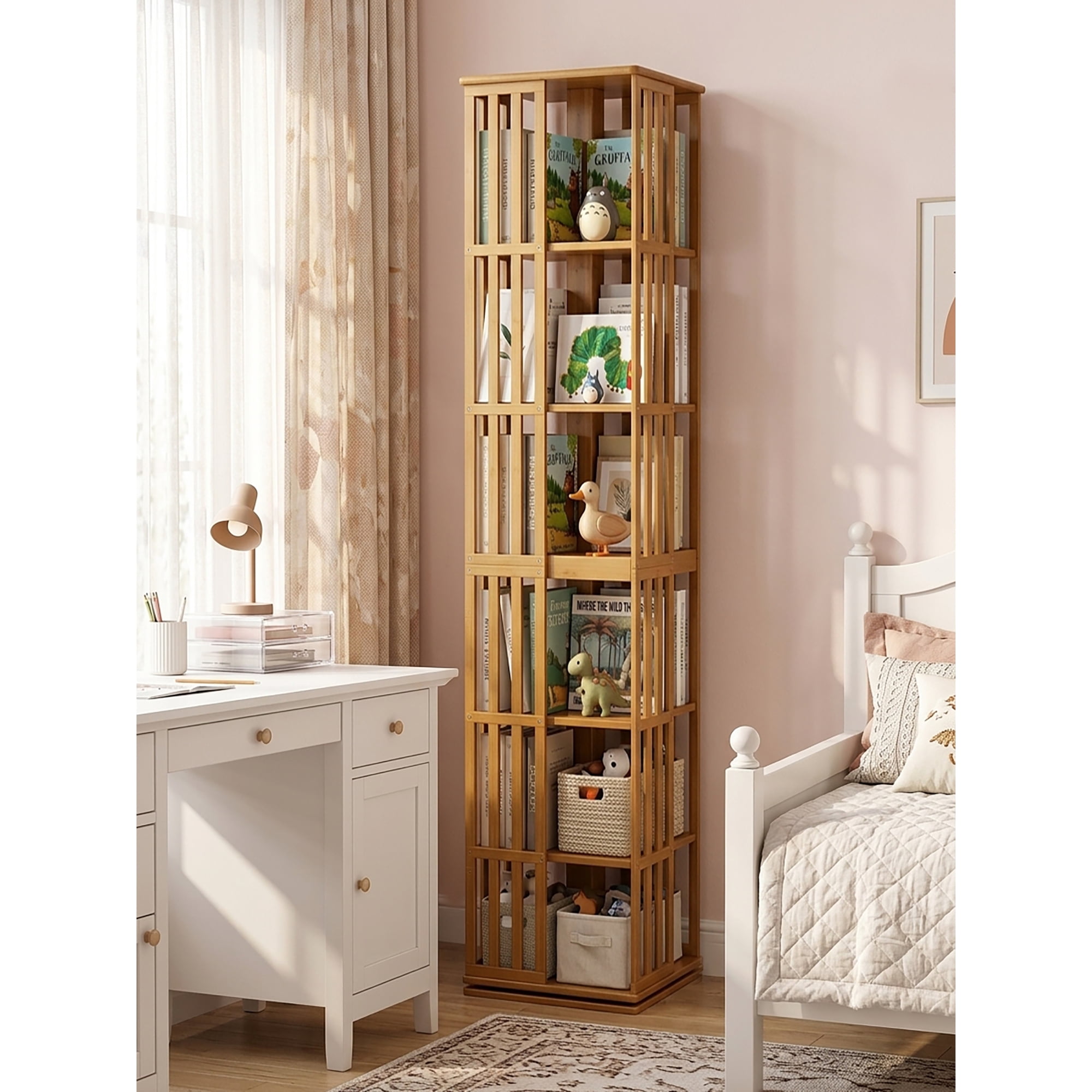 Leumius 6-Tier Rotating Bookshelf, 360° Display Spinning Bookcase, Bamboo Bookshelf Floor Standing Storage Rack, Wood Narrow Book Shelf Organizer for Kids Adults
