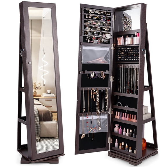 Furnibear 360-Degree Rotatable 2-in-1 Lockable Jewelry Cabinet with Full-Length Mirror and Large Storage for the Bedroom and Dressing Room, Dark Brown