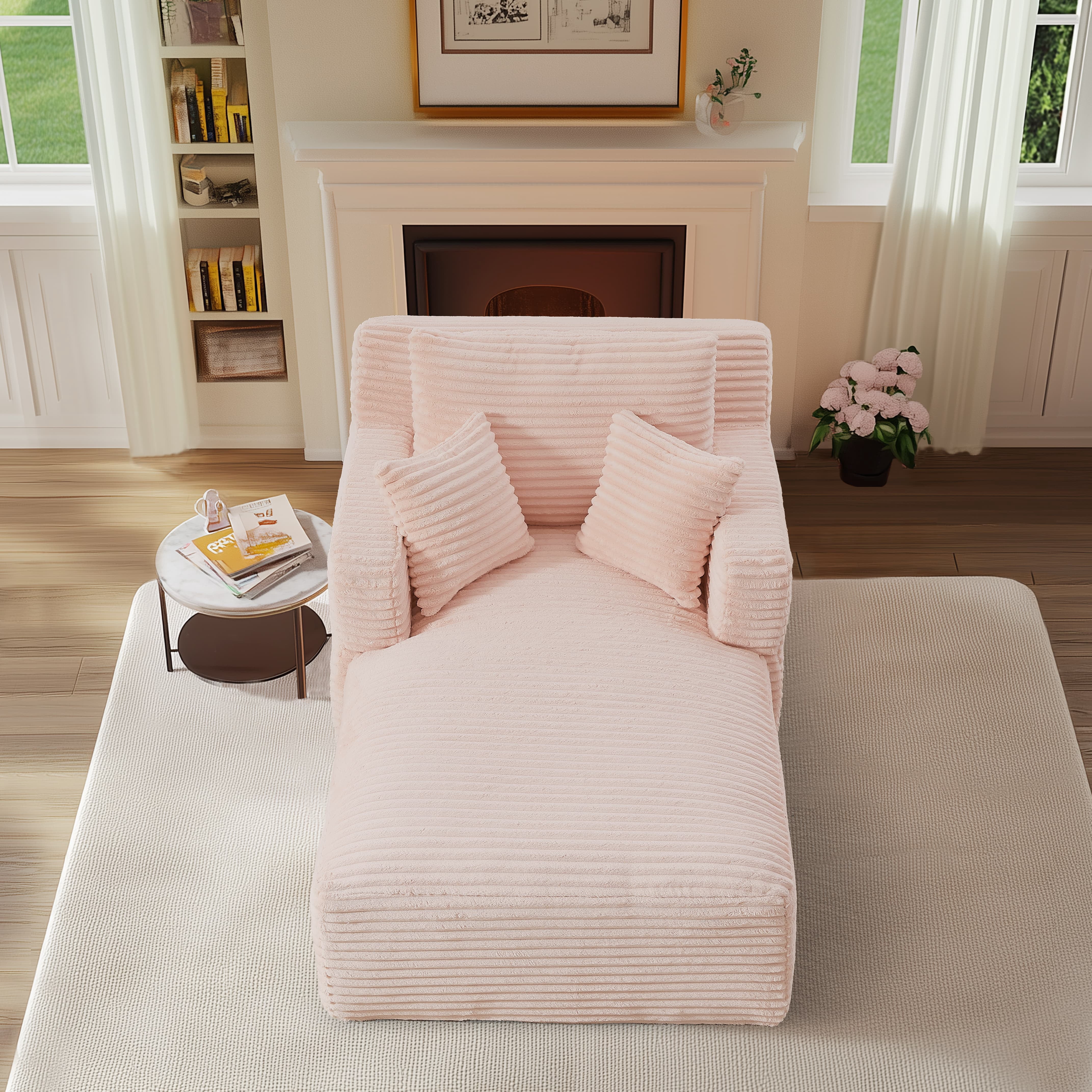 MAYEERTY Single Corduroy Chaise Lounge Sofa, Modern Couch with Spring Cushion for Apartment, 65*39*33"Pink