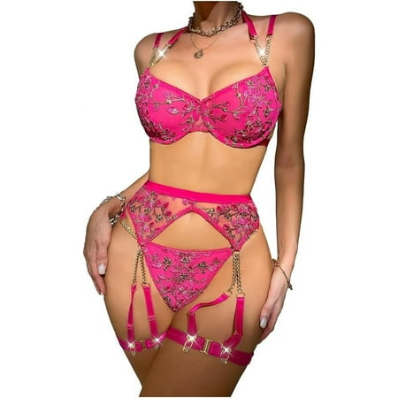 SkyAuks Flower Embroidery Lace Lingerie Set  Sexy Choker Push Up Bra Garter Belt  Lingerie Set for Women  Rosered  S