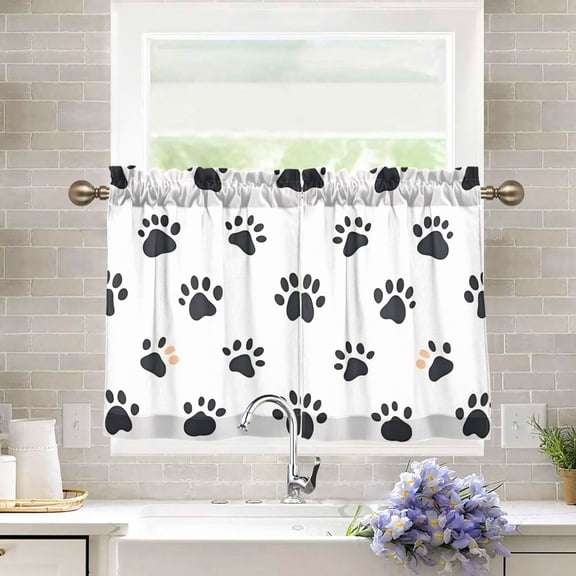 Yayeee Kitchen Curtains Tier Pair Light Filtering 27"x36" Rod Pocket Short Cafe Window Panel, Black Cartoon Cat Paw