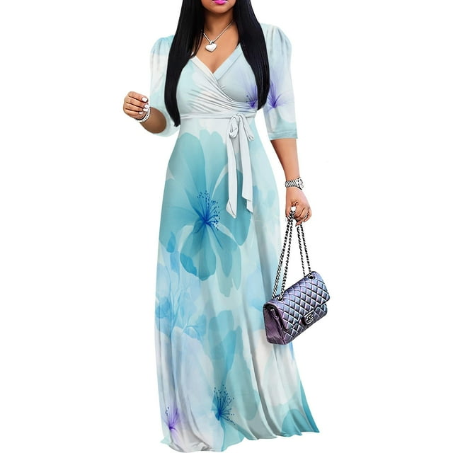 Vestido largo con estampado floral, cuello en V y manga abullonada para mujer