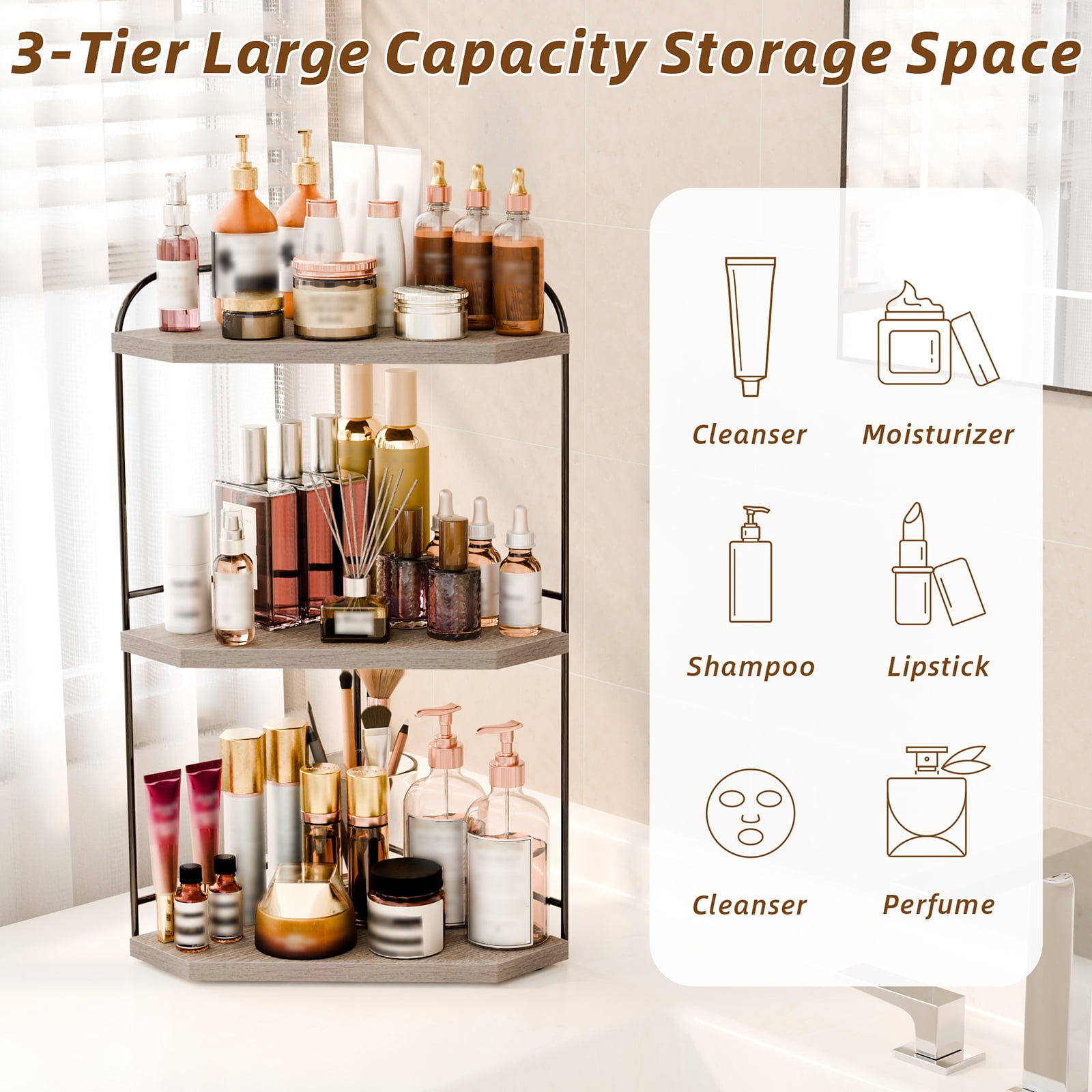 Corner Bathroom Counter Organizer, 3-Tier Wood Countertop Organizer for Perfume, Makeup Storage, Skincare Organizers for Vanity, Counter Corner Shelf for Kitchen, Bathroom, Dresser (grey)