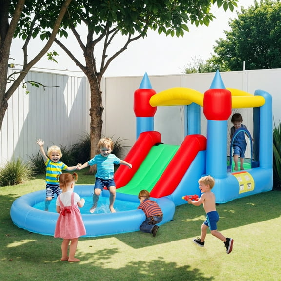 Qaba Inflatable Bounce House, 4 in 1 Bouncy Castle with Slide, Basketball Hoop, Ball Pit, 370W Blower, Storage Bag, 163" x 81" x 75"