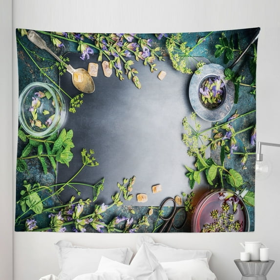 Flowers Tapestry, Herbs and Petals Cup of Warm Tea Framing Shape Top Above Shot Photo, Fabric Wall Hanging Decor for Bedroom Living Room Dorm, 5 Sizes, Purpleblue Green Violet, by Ambesonne
